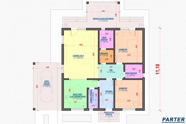 Proiect casa pe structura metalica cu terasa si garaj 178 mp - plan parter