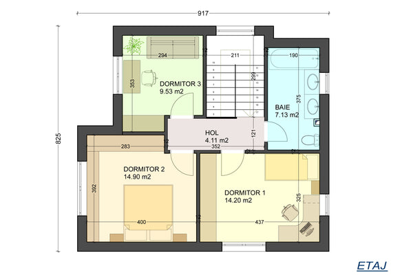 Proiect casa pe structura metalica de 150mp 3 dormitoare 115 - schita casei la etaj