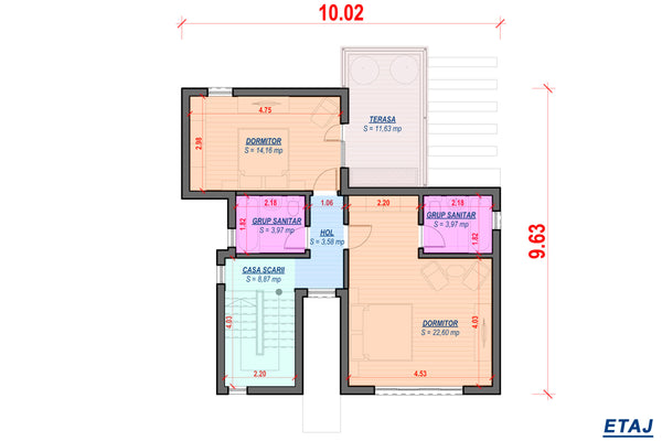 Proiect casa pe structura metalica fara acoperis cu etaj 025 - plan etaj casa