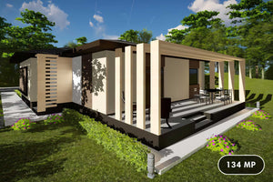 Proiect casa pe structura metalica fara etaj moderna 134-031 - fatada de casa cu lemn imagine 1 thumbnail