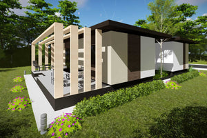 Proiect casa pe structura metalica fara etaj moderna 134-031 - fatada de casa cu lemn imagine 2 thumbnail