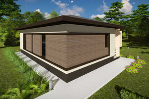 Proiect casa pe structura metalica fara etaj moderna 134-031 - fatada de casa cu lemn imagine 3 thumbnail