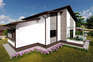 Proiect casa pe structura metalica fara etaj moderna 150 mp - fatada de casa cu piatra imagine 2 thumbnail