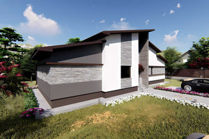 Proiect casa pe structura metalica fara etaj moderna 150 mp - fatada de casa cu piatra imagine 3 thumbnail