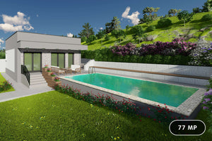 Proiect casa pe structura metalica mediteraneana mica 70mp - design casa cu piscina poza 1 thumbnail