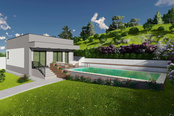 Proiect casa pe structura metalica mediteraneana mica 70mp - design casa cu piscina poza 2