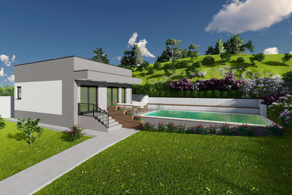 Proiect casa pe structura metalica mediteraneana mica 70mp - design casa cu piscina poza 3