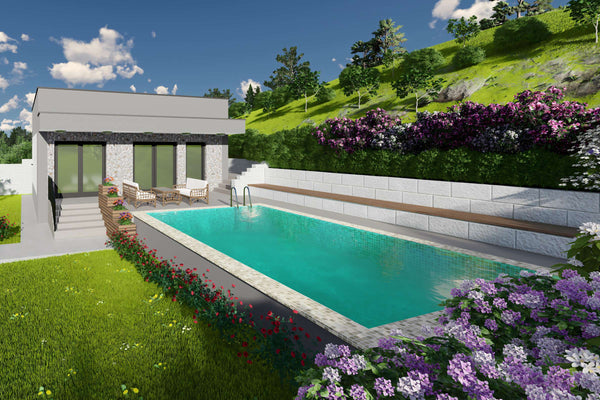 Proiect casa pe structura metalica mediteraneana mica 70mp - design casa cu piscina poza 4