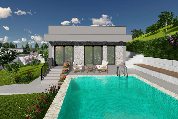 Proiect casa pe structura metalica mediteraneana mica 70mp - design casa cu piscina poza 5