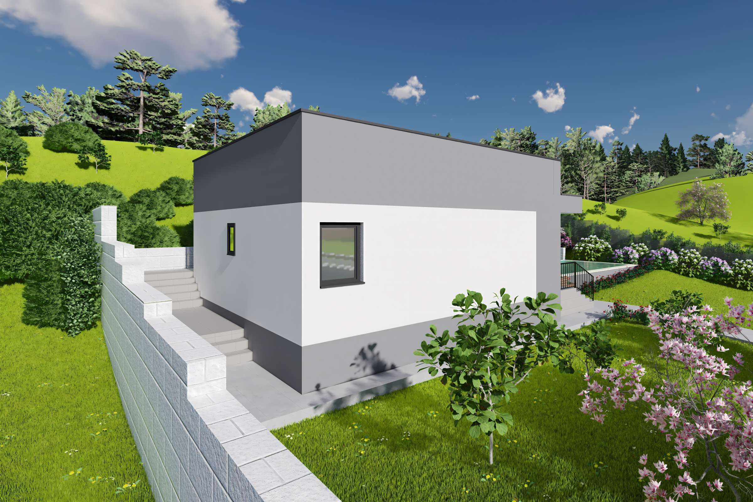 Proiect casa pe structura metalica mediteraneana mica 70mp - design casa cu piscina poza 9