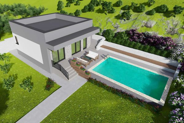 Proiect casa pe structura metalica mediteraneana mica 70mp - design casa cu piscina poza 13