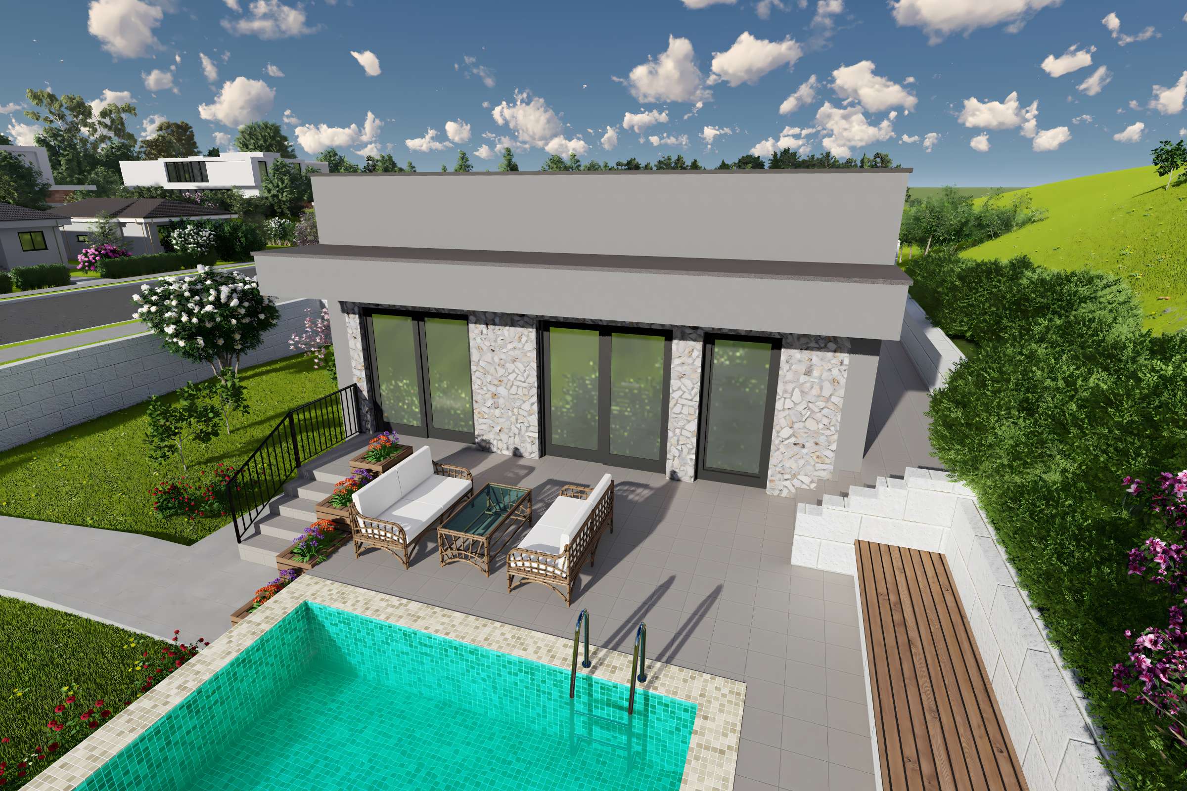 Proiect casa pe structura metalica mediteraneana mica 70mp - design casa cu piscina poza 15