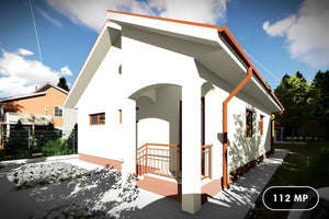 Proiect casa pe structura metalica mica cu terasa 112-090 - fatada de casa alba imagine 1 thumbnail