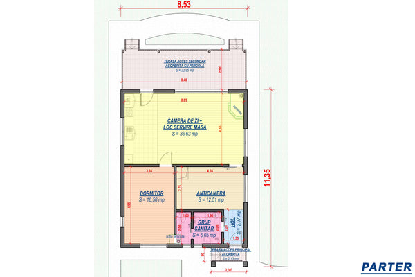 Proiect casa pe structura metalica mica cu terasa 112-090 - plan casa parter