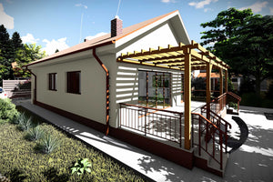 Proiect casa pe structura metalica mica cu terasa 112-090 - fatada de casa alba imagine 2 thumbnail