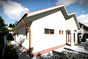 Proiect casa pe structura metalica mica cu terasa 112-090 - fatada de casa alba imagine 3 thumbnail