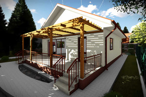 Proiect casa pe structura metalica mica cu terasa 112-090 - fatada de casa alba imagine 4 thumbnail