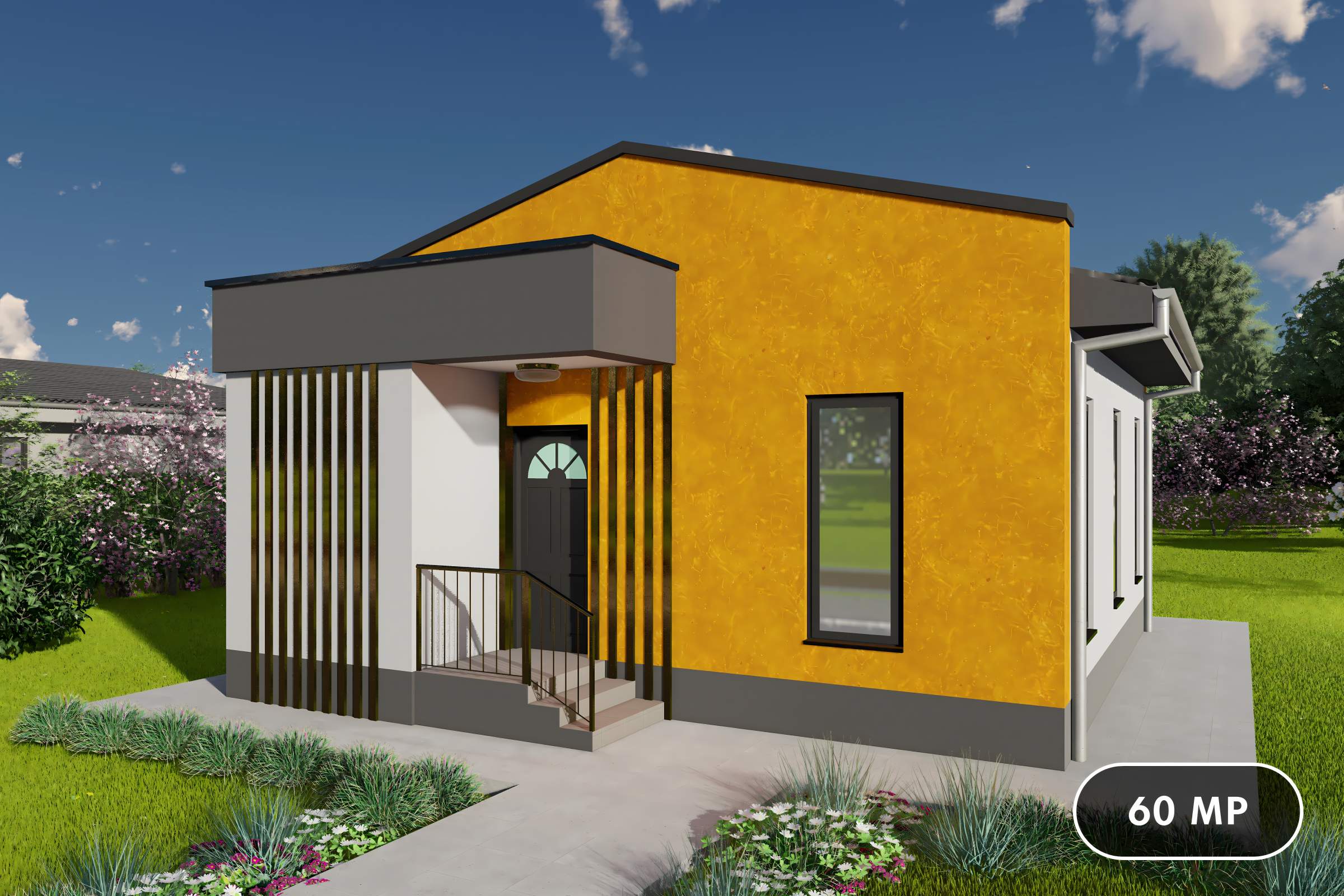 Proiect casa pe structura metalica mica parter 60mp 2 camere - fatada casa mica moderna poza 1