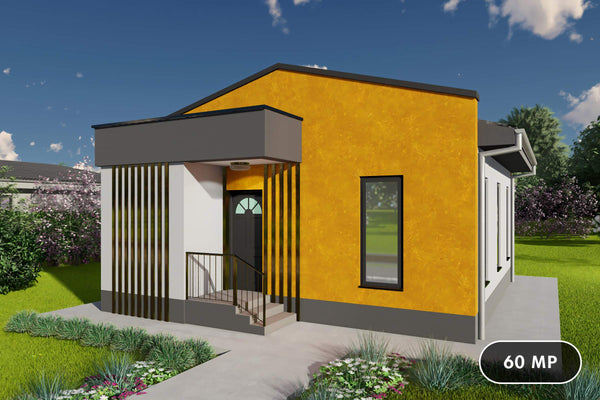 Proiect casa pe structura metalica mica parter 60mp 2 camere - fatada casa mica moderna poza 1