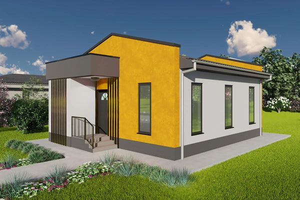 Proiect casa pe structura metalica mica parter 60mp 2 camere - fatada casa mica moderna poza 2