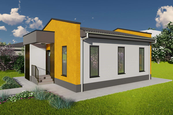 Proiect casa pe structura metalica mica parter 60mp 2 camere - fatada casa mica moderna poza 3