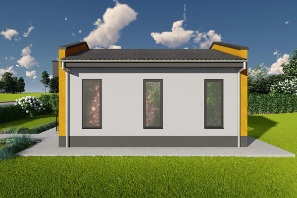 Proiect casa pe structura metalica mica parter 60mp 2 camere - fatada casa mica moderna poza 4