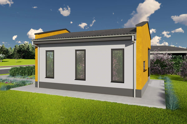 Proiect casa pe structura metalica mica parter 60mp 2 camere - fatada casa mica moderna poza 5