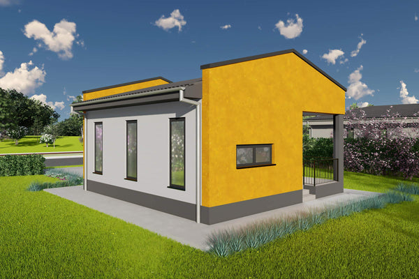 Proiect casa pe structura metalica mica parter 60mp 2 camere - fatada casa mica moderna poza 6