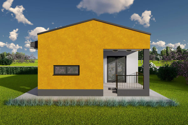 Proiect casa pe structura metalica mica parter 60mp 2 camere - fatada casa mica moderna poza 7