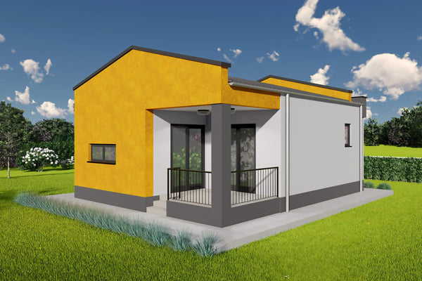 Proiect casa pe structura metalica mica parter 60mp 2 camere - fatada casa mica moderna poza 8