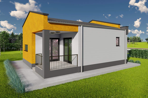 Proiect casa pe structura metalica mica parter 60mp 2 camere - fatada casa mica moderna poza 9