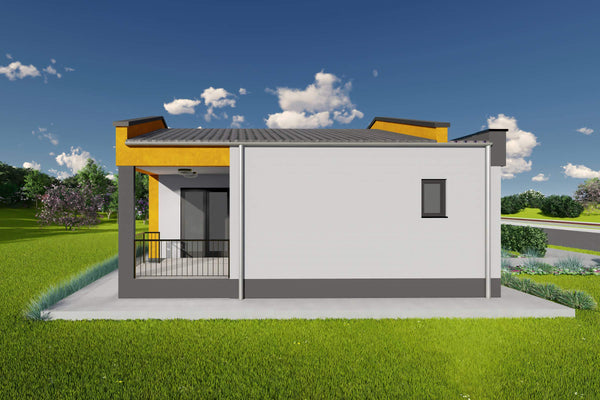 Proiect casa pe structura metalica mica parter 60mp 2 camere - fatada casa mica moderna poza 10