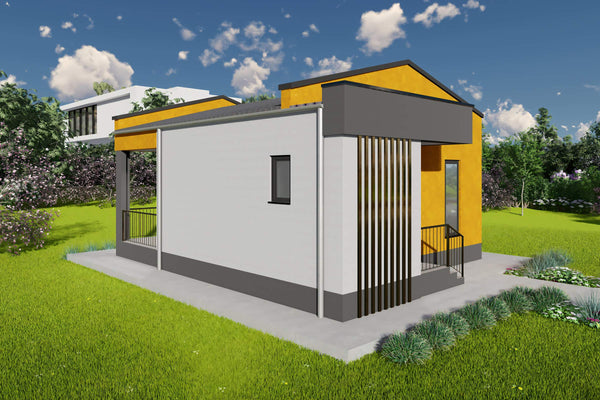 Proiect casa pe structura metalica mica parter 60mp 2 camere - fatada casa mica moderna poza 11