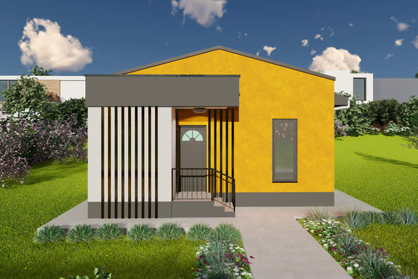 Proiect casa pe structura metalica mica parter 60mp 2 camere - fatada casa mica moderna poza 12