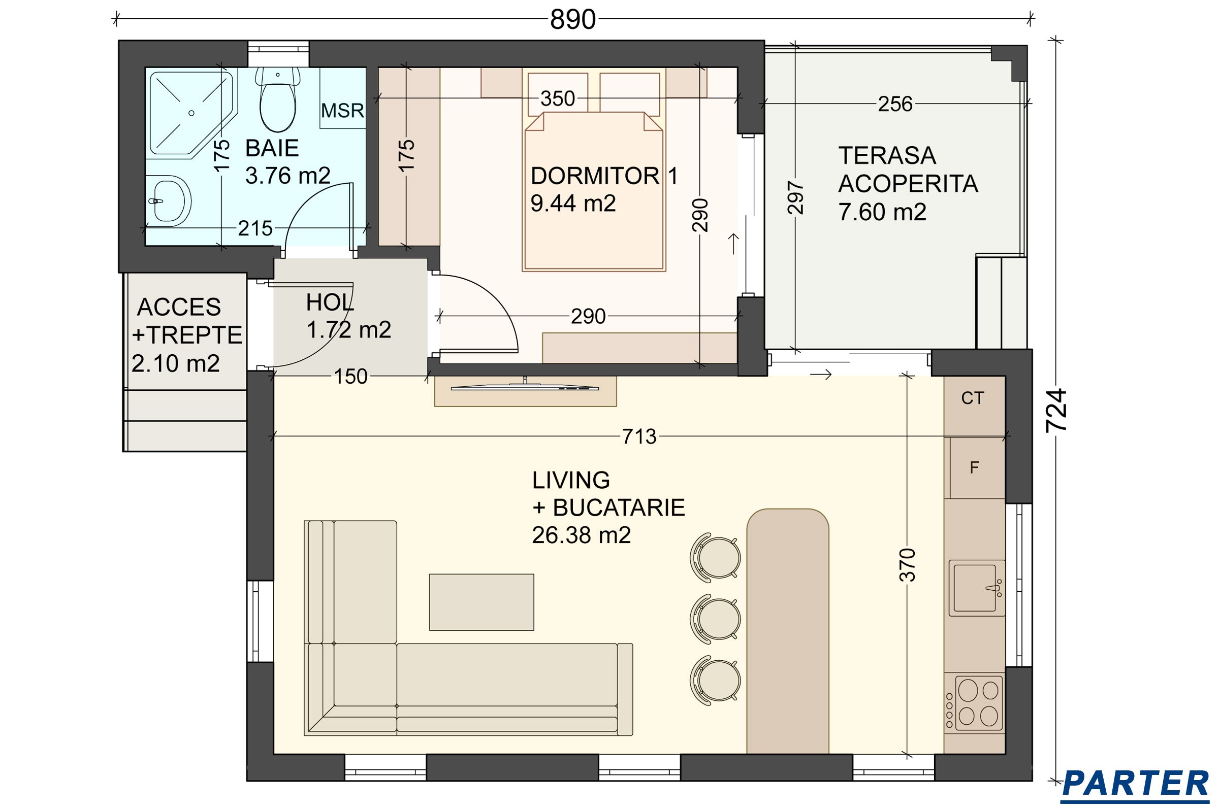 Proiect casa pe structura metalica mica parter 60mp 2 camere - compartimentare casa mica moderna poza 1