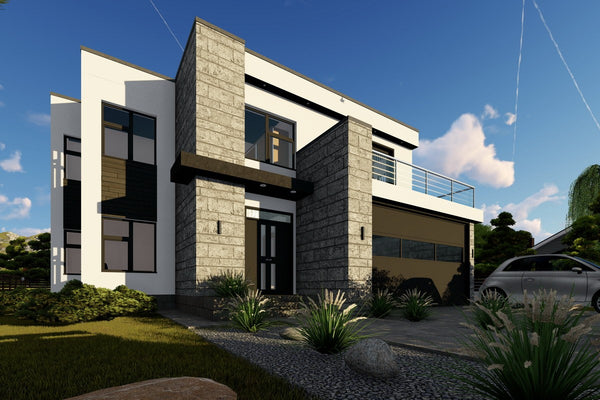 Proiect casa pe structura metalica modern cu garaj dublu 062 - fatada casa cu piatra imagine 3