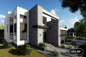 Proiect casa pe structura metalica modern cu garaj dublu 062 - fatada casa cu piatra imagine 1 thumbnail