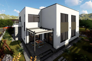 Proiect casa pe structura metalica modern cu garaj dublu 062 - fatada casa cu piatra imagine 4 thumbnail