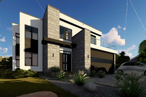 Proiect casa pe structura metalica modern cu garaj dublu 062 - fatada casa cu piatra imagine 5 thumbnail