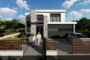 Proiect casa pe structura metalica modern cu garaj dublu 062 - fatada casa cu piatra imagine 6 thumbnail