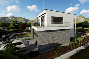 Proiect casa pe structura metalica modern cu garaj dublu 062 - fatada casa cu piatra imagine 7 thumbnail