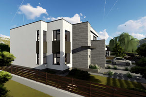 Proiect casa pe structura metalica modern cu garaj dublu 062 - fatada casa cu piatra imagine 9 thumbnail