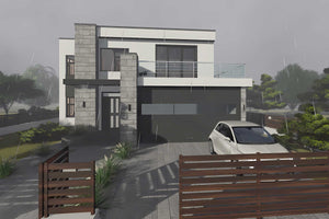Proiect casa pe structura metalica modern cu garaj dublu 062 - fatada casa cu piatra imagine 10 thumbnail
