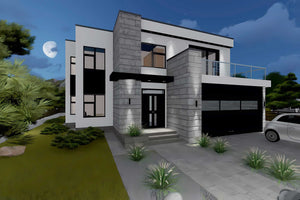 Proiect casa pe structura metalica modern cu garaj dublu 062 - fatada casa cu piatra imagine 11 thumbnail