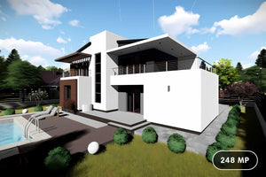 Proiect casa pe structura metalica modern pe 2 nivele 057 - fatada de casa moderna imagine 1 thumbnail