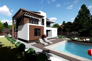 Proiect casa pe structura metalica modern pe 2 nivele 057 - fatada de casa moderna imagine 4 thumbnail