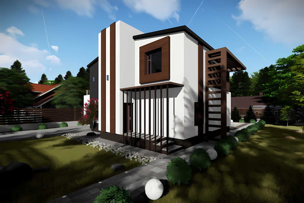 Proiect casa pe structura metalica modern pe 2 nivele 057 - fatada de casa moderna imagine 5