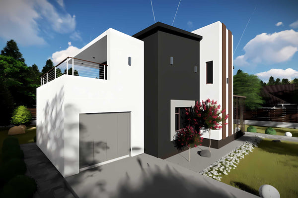 Proiect casa pe structura metalica modern pe 2 nivele 057 - fatada de casa moderna imagine 6