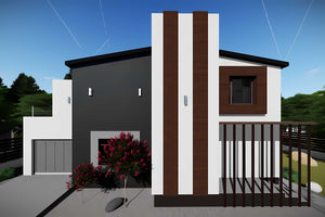 Proiect casa pe structura metalica modern pe 2 nivele 057 - fatada de casa moderna imagine 7 thumbnail