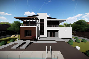 Proiect casa pe structura metalica modern pe 2 nivele 057 - fatada de casa moderna imagine 8 thumbnail